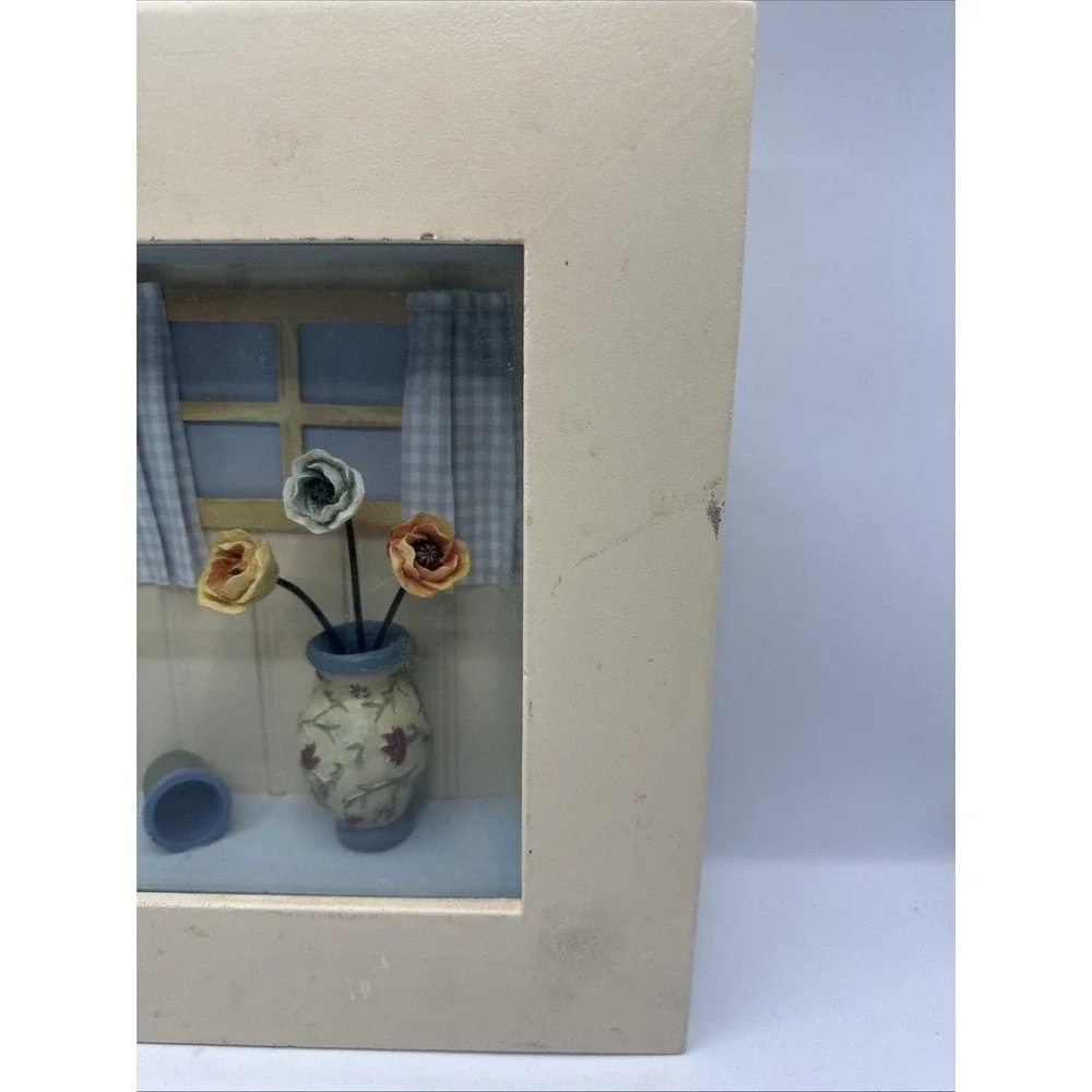 Wood And Glass Shadow Box Cozy Cat Table And Flowers 15-3/4